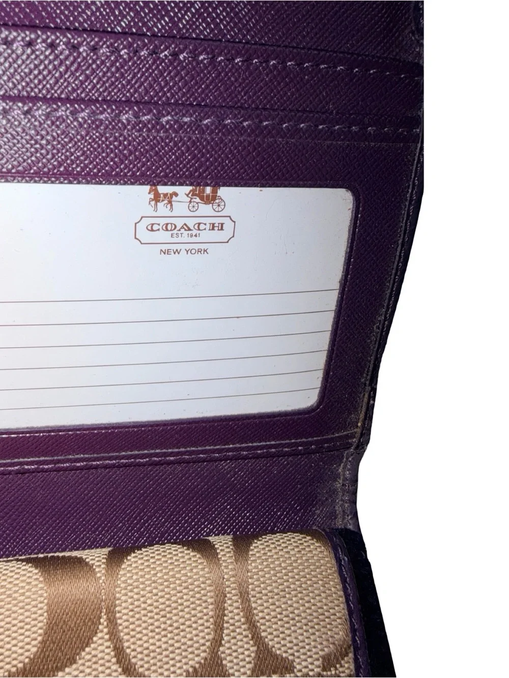 Coach Khaki Signature Wallet with Purple Leather Trim